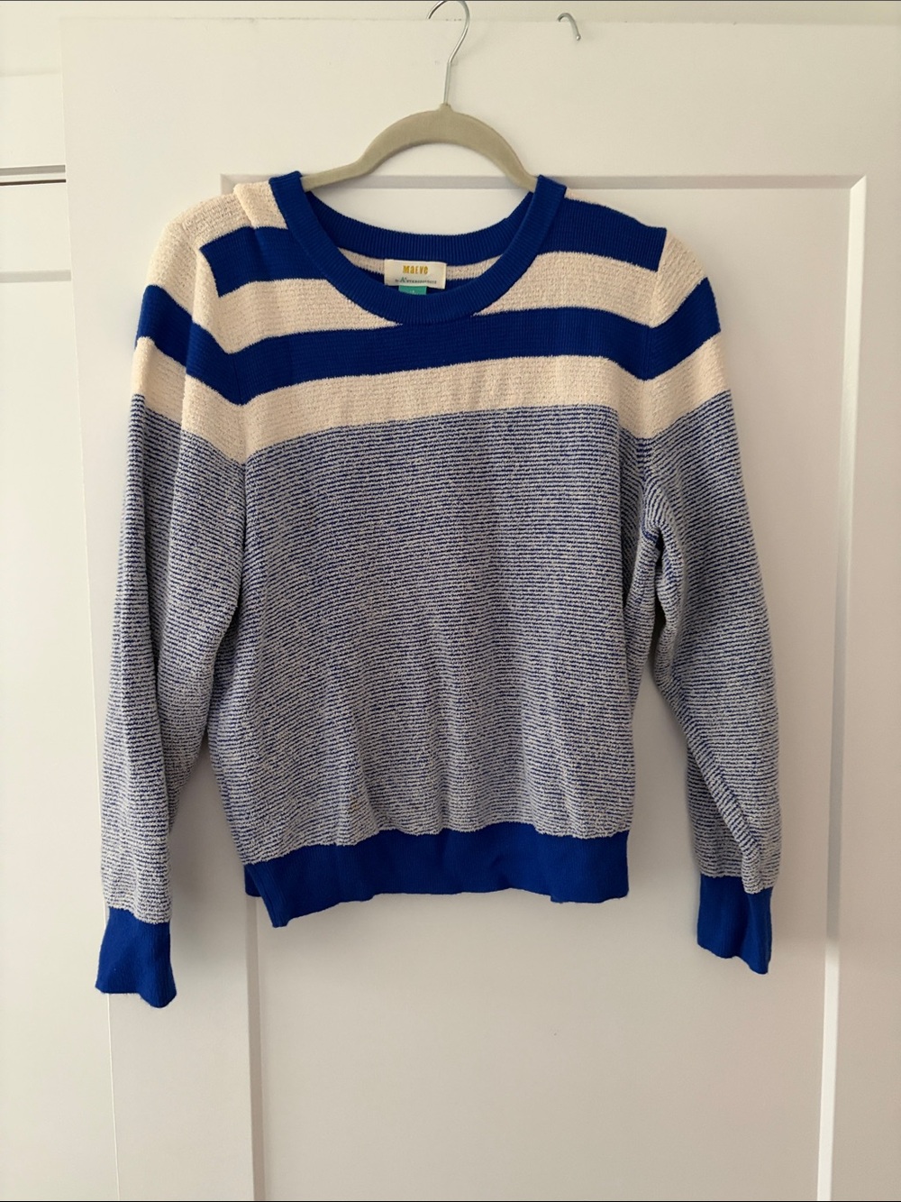 Maeve Blue and Cream Striped Crewneck Sweater
